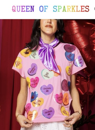 Fabulous Queen Of Sparkles L Candy Hearts Sequined Tee EUC - Picture 12 of 15