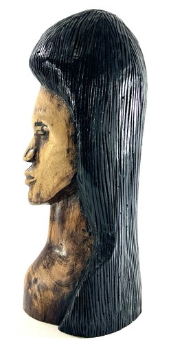 "Busto de mujer de arte popular de madera maciza tallado a mano pelo largo negro 10,5""" - Imagen 5 de 8