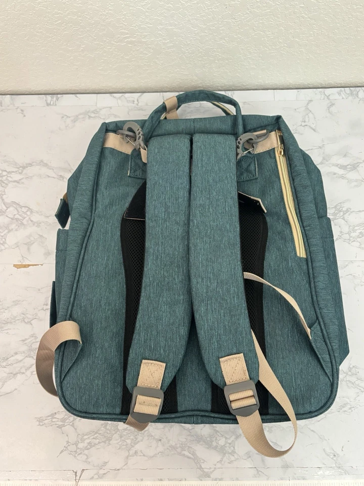 Mochila para bebé bolsa de pañales bolsillos verde cremallera dorado marco superior acolchado trasero Foto 4 de 4