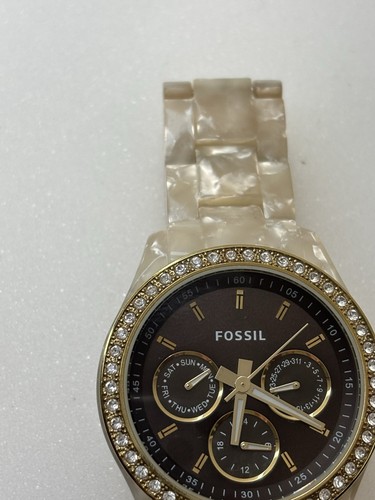 Fossil Stella ES-2794 Wrist Watch Women's Brown Face Cream Band Crystals Works - Picture 3 of 14
