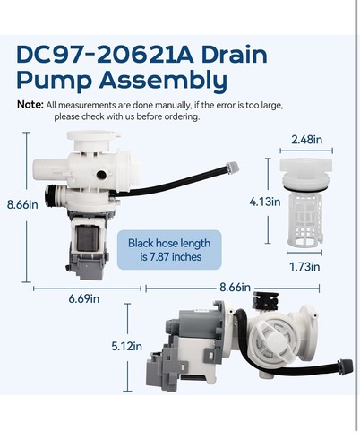 DC97-20621A Drain Pump Assembly For Samsung washer Replaces 4959632 PS12592830 - Picture 2 of 5