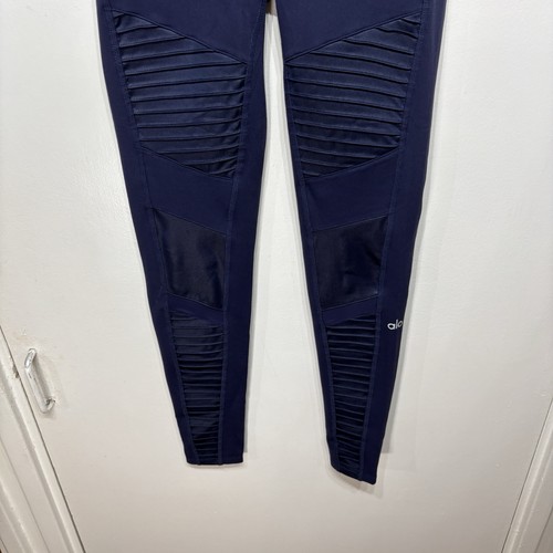 Alo Yoga Moto Leggings Navy Blue Ribbed Mesh Sculpted High Rise Size XS Women’s - Picture 4 of 9