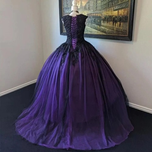 Gothic lila schwarz Brautkleider O-Ausschnitt ärmellos Spitze Applikation Brautkleider - Bild 2 von 9
