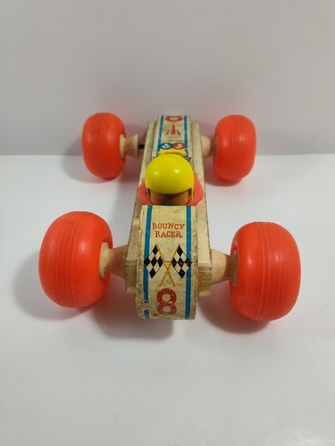 1960s Fisher Price #8 Race Car Bouncy Racer Pull Toy Wood & Plastic  - Picture 6 of 7