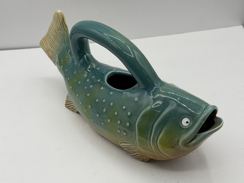 Ceramic Pottery Fish Teal Green Blue Brown Water Pitcher Decanter Planter - Picture 3 of 6