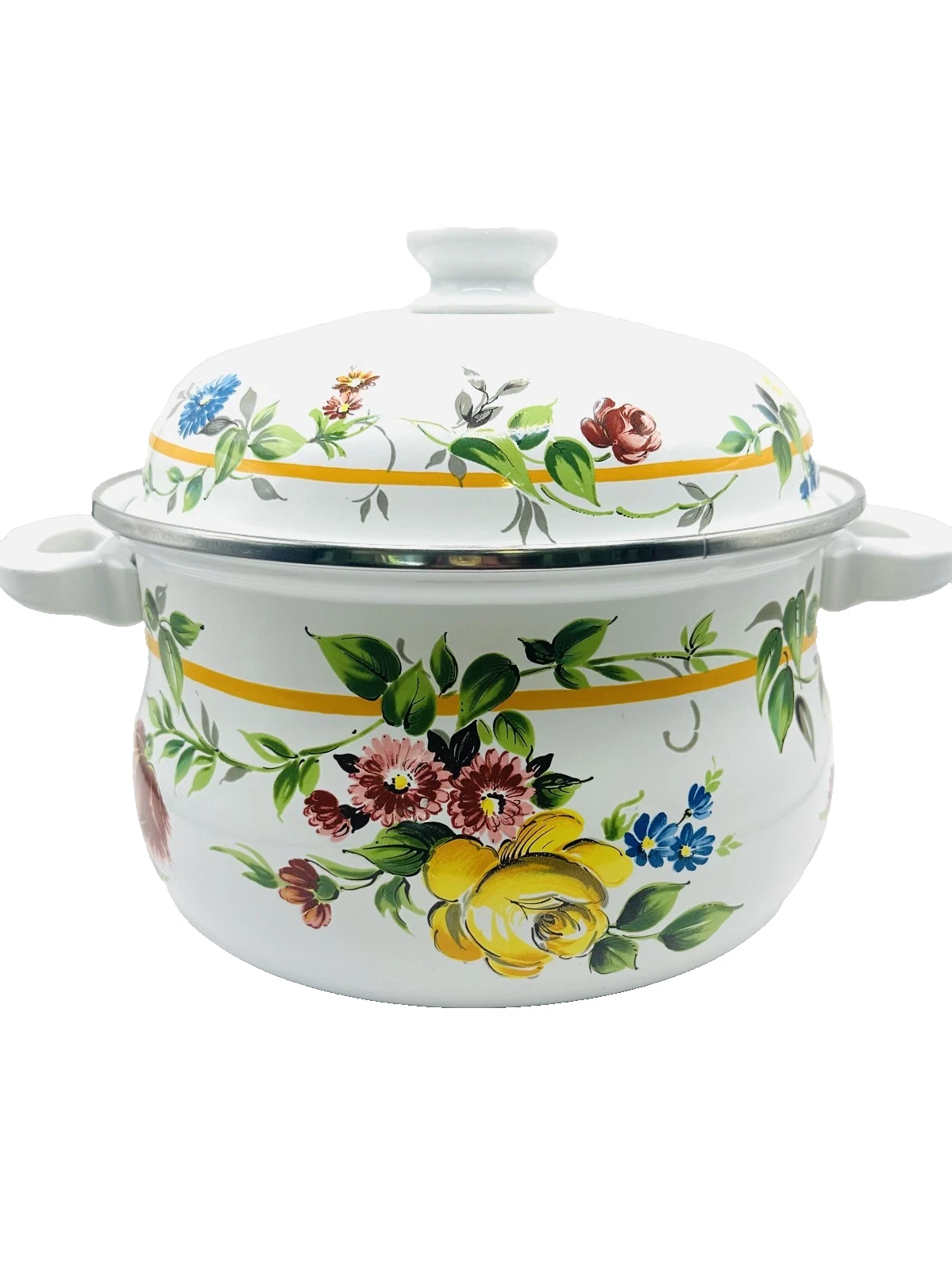 Vintage Wiener Email Austria 11" Hand-Painted Enamel Dutch Oven Pot with Lid