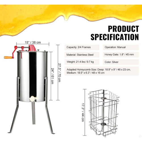 Vevor Manual Honey Extractor Beekeeping Equipment 2/4 Frames Stainless Steel - Picture 7 of 9
