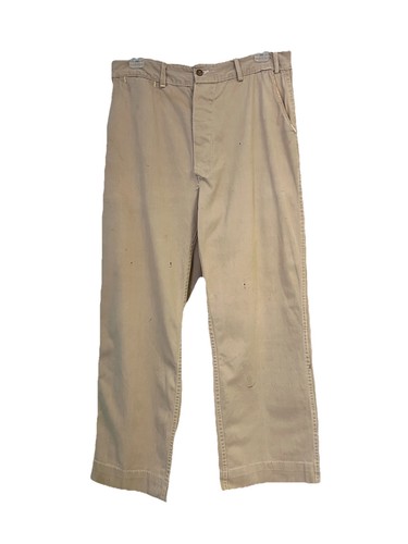 Vintage 40s WWII Button Fly Cotton Army Military Trousers Chino Khaki Distressed - Picture 1 of 10