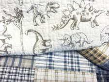 Benjamin Cute Dinosaur Plaid Navy Blue White Grey Bedding Quilt Set 100% Cott...