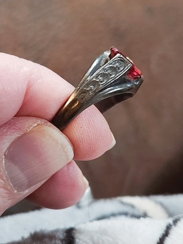 Antique Sterling Silver Ring Pink Faux Stone GF Emblem READ 5g Sz 9.25 - Picture 3 of 5