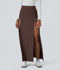 Halara High Waisted Decorative Buckle Split 2-in-1 Maxi Casual Skirt Sz XS Brown