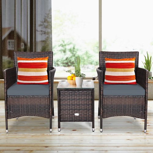3PCS Patio Rattan Furniture Set Outdoor w/ Cushioned Chairs Coffee Table - Picture 3 of 10