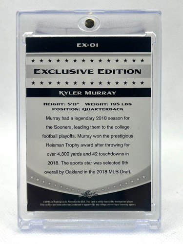 2019 Leaf Exclusive Edition 1/1 Football Kyler Murray Rookie - Picture 2 of 2