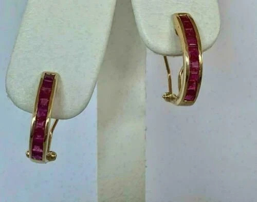 2Ct Princess Lab-Created Ruby Diamond Omega Back Hoop Earrings 14K Yellow Finish - Picture 2 of 5
