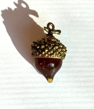 Vintage Amber Tone Glass Acorn Pendant Gold-Tone Metal Ex. Condition 
