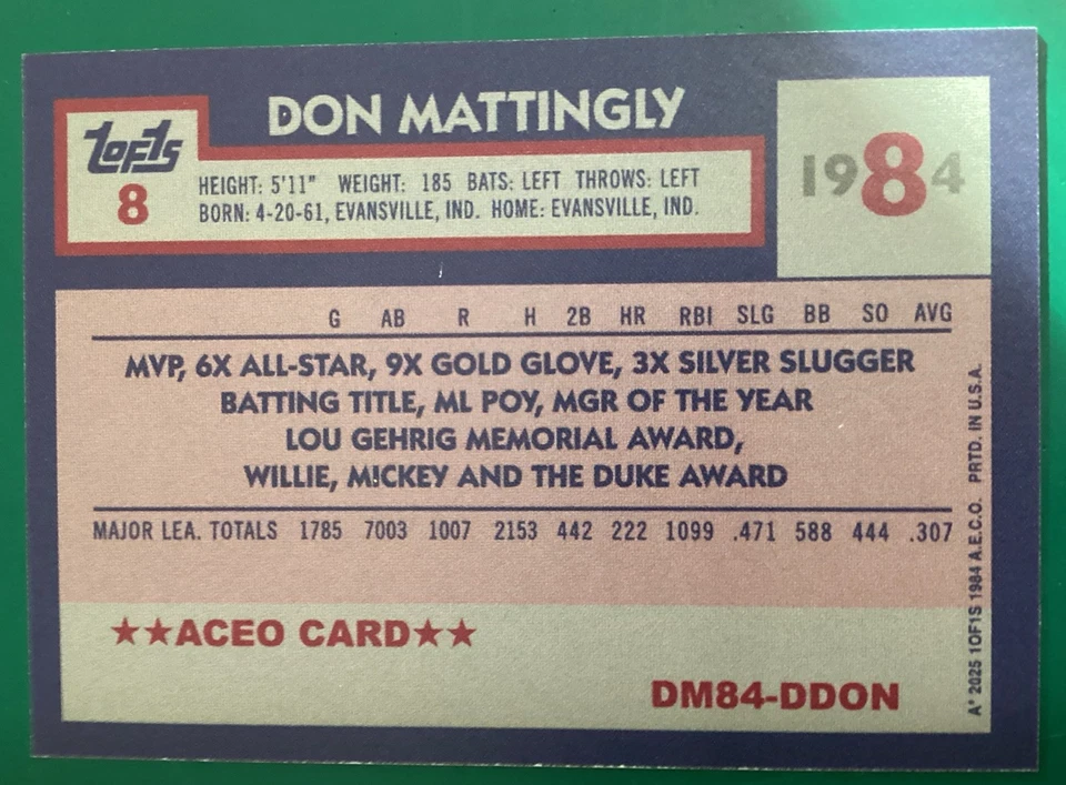 Tarjeta artística 1984 Don Mattingky novato RK ~ variación de esmoquin ~ Yankees de Nueva York Foto 2 de 4