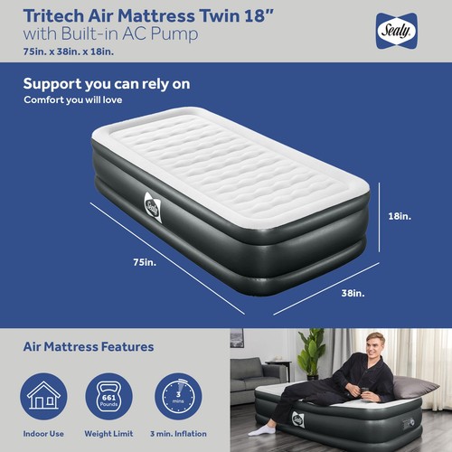 Sealy Tritech 18" Inflatable Mattress Twin Airbed w/ Built-In Pump (Open Box) - Picture 3 of 12
