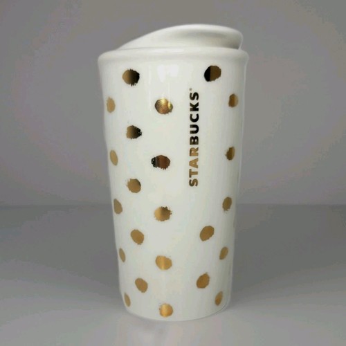 2014 Gold Polka Dot Starbucks Coffee Tumbler Mug Travel Ceramic with Lid - Picture 1 of 9