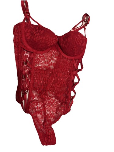 Victoria's Secret KTD 32C TEDDY Cupped Lipsticks one-piece Bodysuit RED Lace - Picture 3 of 9