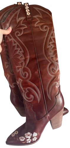 Steve Madden Lashes Brown Leather Floral Embroidered Tall Western Boots Size 10 - Picture 16 of 18