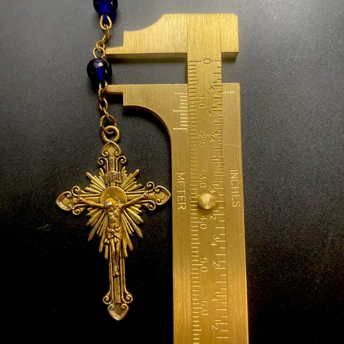 Catholic St Michael Blue Glass Rosary, Gold Tone Crucifix - Picture 6 of 6