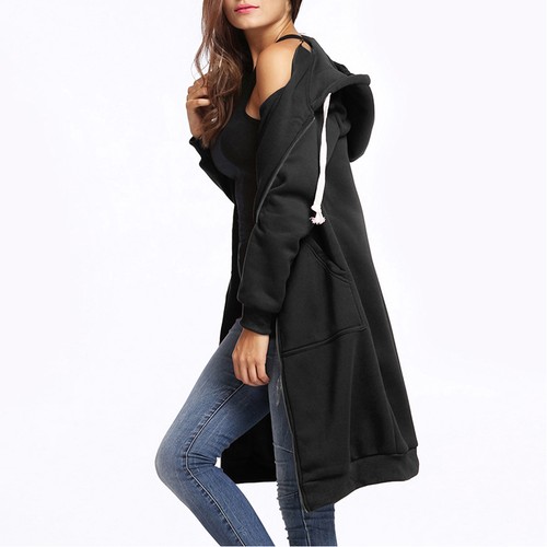 Neu Mode Damen Hoodie lang Kapuze Sweatshirts Mantel Freizeit Taschen Reißverschluss FFHV - Bild 9 von 13