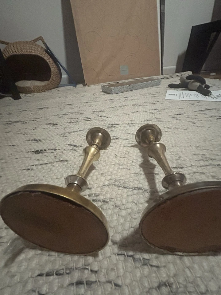 Brass/Nickel Metal Candle Holder Set of Two Silver and Gold Tone 6 Inches Tall - Image 4 of 4