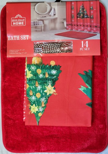 Badezimmer Set Weihnachten Duschvorhang mit Haken & Vorleger Stoff 14 tlg rot - Bild 4 von 8