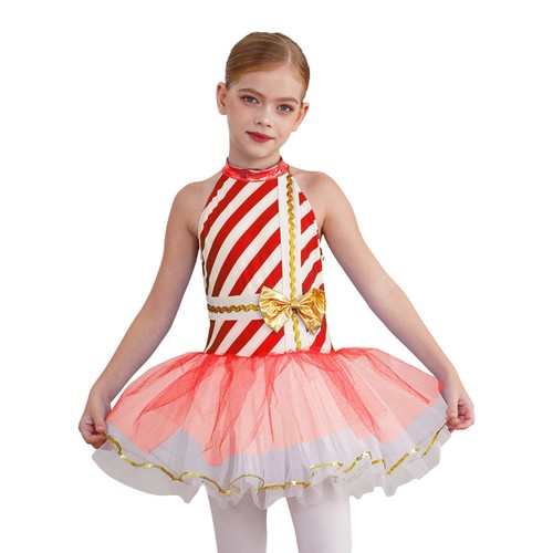 Kids Girls Xmas Christmas Dress Up Candy Cane Striped Ice Skating Tutu Dress - Picture 22 of 54