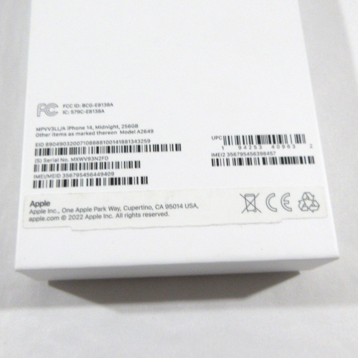 BOX ONLY Apple iPhone 14 Midnight 256gb A2649 MPVV3LL/A