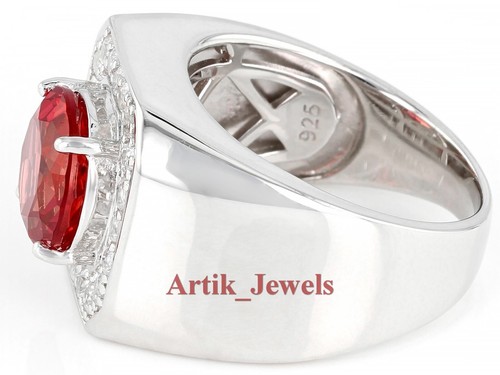 Lab Created Ruby Gemstone With 14K White Gold Plated Silver Ring For Men's #923 - Picture 2 of 12