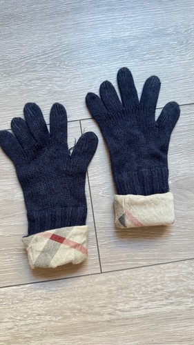 authentic BURBERRY kids gloves size M navy blue wool with brand print