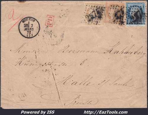 FRANCE N°38+59+60A SUR LETTRE POUR LA PRUSSE GC 2574  MOUZON + CAD DU 07/03/1872 - Picture 1 of 2