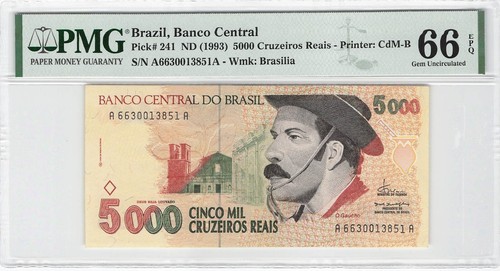 Brazil 5000 Cruzeiros Reais 1993 P-241 PMG 66 EPQ