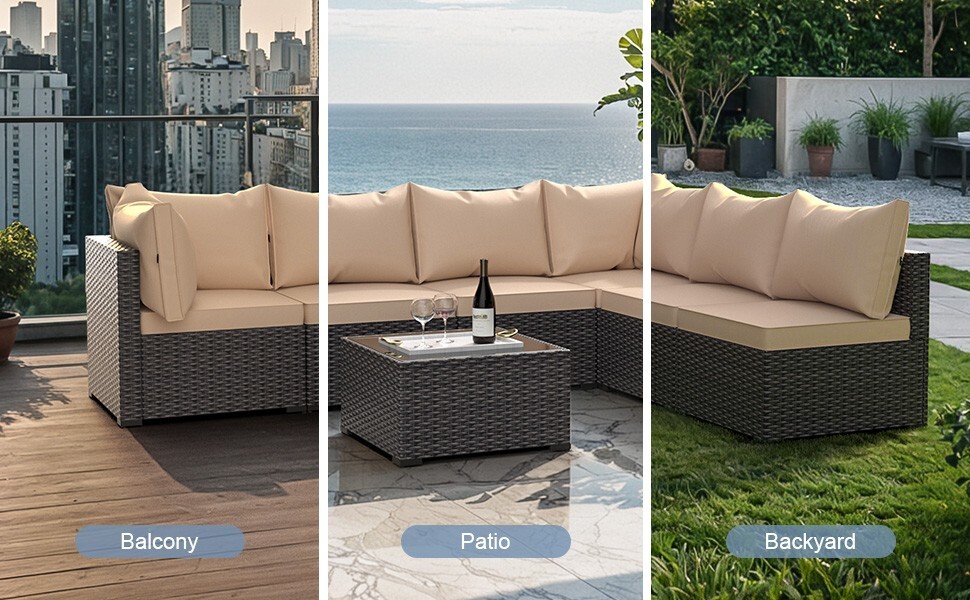 Patio Furniture Sets 7-Pcs Outdoor Sectional Sofa Rattan Sofa W/ Table for Lawn
