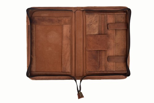 Vintage Leather Portfolio Padfolio A4 Case Folder Business Organizer Zipper Bag - Picture 2 of 8