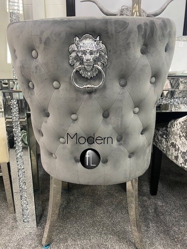 Grey Velvet Dining Chairs x2 Stud Button Back Lion Head Door Knocker Chrome Legs - Picture 10 of 14