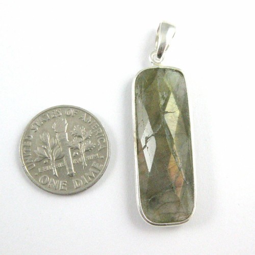 Bezel Gem Pendant with Bail-Labradorite Sterling Silver Rectangle Bezel 40mm - Picture 3 of 6