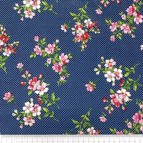 Small Floral Ink Colour Blue Polka Sewing Quilting Cotton Fabric 1/2 Yard - Picture 2 of 2