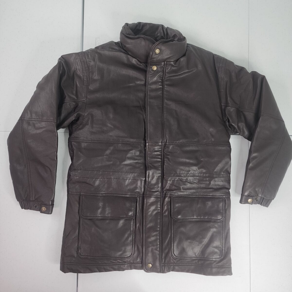 Vintage Eddie Bauer Brown Leather Goose Down Puffer Jacket Coat Men M Quilted Li
