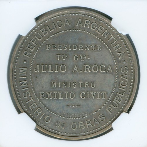 1904 ARGENTINA SILVER PUBLIC WORKS MINISTRY BY GOTTUZZO (40mm) CERT. NGC AU58 - Picture 4 of 4