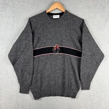 Jaeger Sweater Mens 42 in Grey 100% Lambswool Golfer Embroidered Scotland VTG