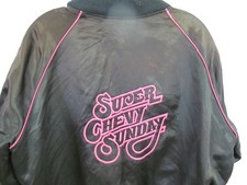 VINTAGE SUPER CHEVY SUNDAY BLACK PINK SATIN JACKET COAT CLASSIC WINNER 86 LARGE