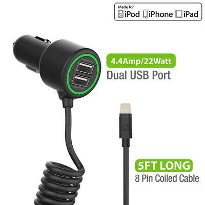Lightning Cable Car Charger For iPhone iPad iPod 22 Watt 4.4 Amp Dual Port