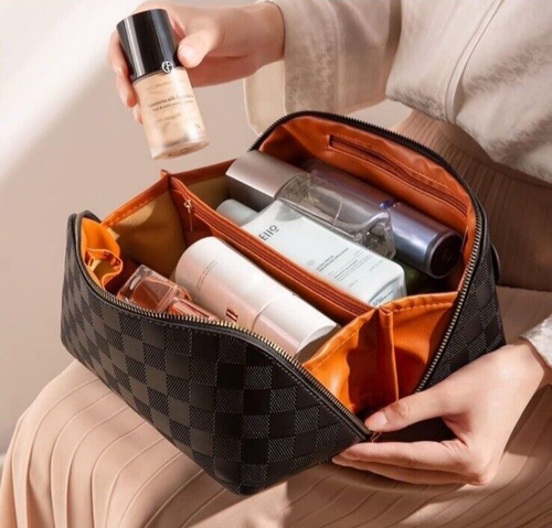 Black  Makeup Bag, Travel Makeup Tote Safe Zip, Cute Travel Toiletry Bag Unisex - Picture 3 of 8