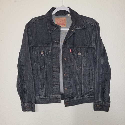 Levi's XS Women’s Boyfriend Jacket Trucker Black Festival Fringe Denim Jean