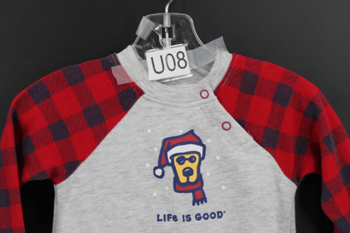 LIFE IS GOOD 0/3 MONTHS BABY BOY ONE PIECE OUTFIT GRAY WITH BUFFALO PLAID & DOG - Picture 2 of 6