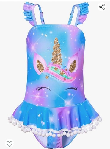 Swimsuit Kids Size 7/8 Unicorn One Piece Blue Purple Pink Animal Bathing Suit - Picture 3 of 11