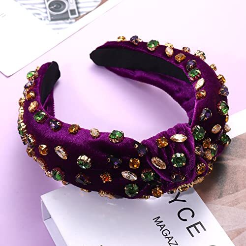 Diadema anudada con diamantes de imitación Mardi Gras para mujer cristal brillante terciopelo púrpura - Imagen 2 de 3