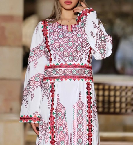 Luxus Elegant Weiß Bestickt Mehrfarbig Thobe Palästinensische Tatreez Größe 3XL - Bild 3 von 3